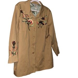 Victor Costa Occasion Tan Floral Embroidered Jacket plus size 1X blazer birds